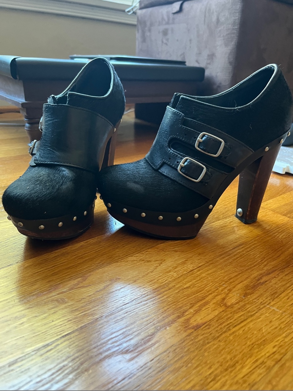 UGG Platform Studded Buckle Calf Hair Clogs